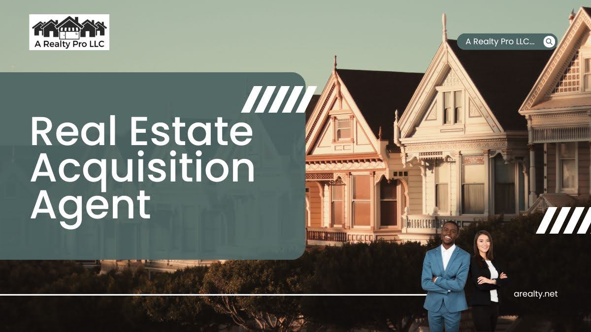 A Realty Pro LLC Real Estate Acquisition Agent banner featuring a row of classic houses in the background. Two professional agents stand confidently in the foreground, representing real estate expertise